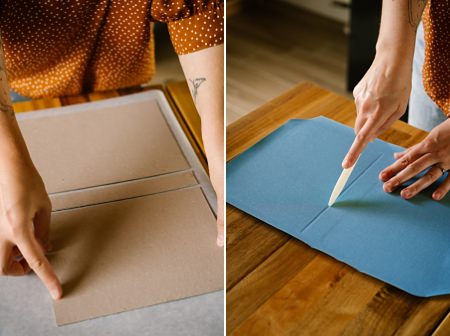 création de la couverture et reliure du carnet esoterique avec papier artisanal, madame la papetiere